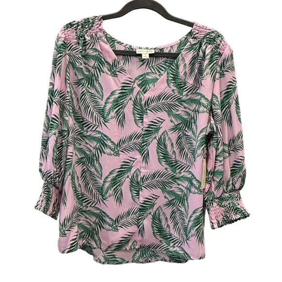 Maison Jules Womens Pink Green Palm Print Blouse 1X  3/4 Sleeves Smocked Details - Picture 1 of 7